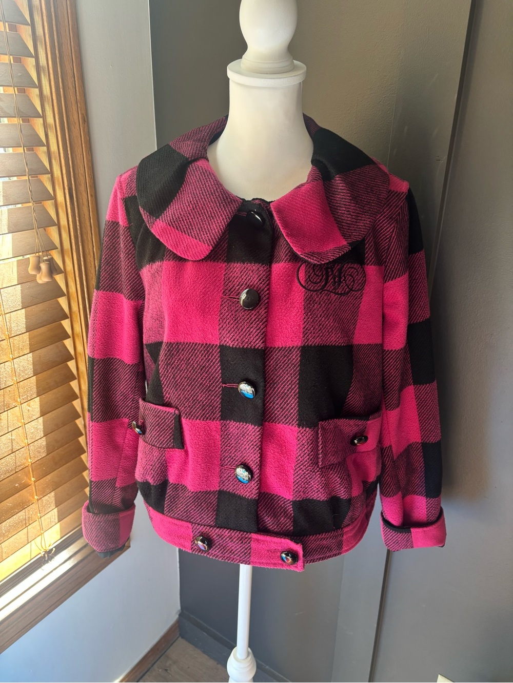Y2K Fabulosity Pink Buffalo Plaid Cropped Jacket XL